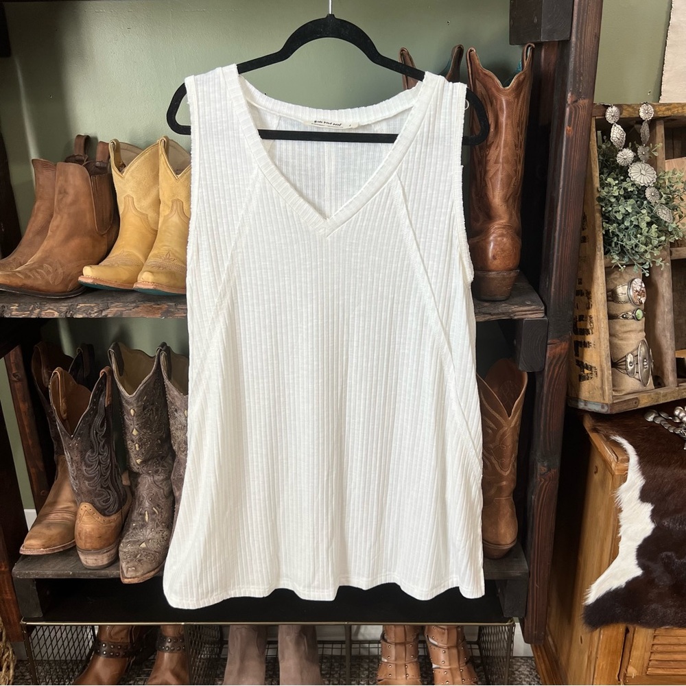 Three Bird Nest White Ribbed Top